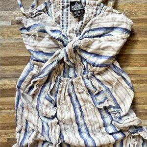 Angie Striped Tie-Front Dress in Beige and Blue